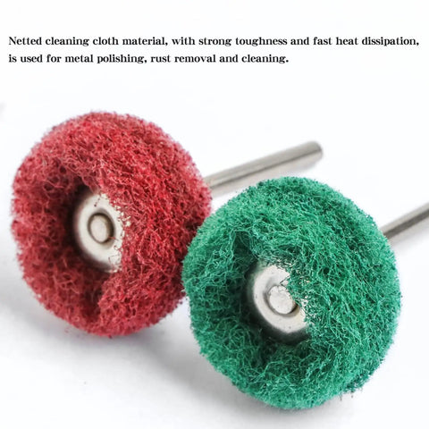 Tough As Nails Zero Fuss Abrasive Buffing Wheel Kit For Rotary Tools Featuring One Inch Radial Bristle Discs With 3mm Shank showing red and green cleaning discs for rust removal.