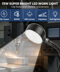Ultimate 15W LED Clamp Light With Flexible Gooseneck illuminating a metal workbench with strong clip, 6000K daylight