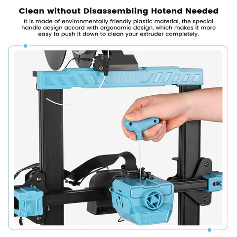 Top Shelf 13 Piece 3D Printer Nozzle Cleaning Kit With Heavy Duty Wrench And Precision Needles For Dead Simple Clog Fixes And Hassle Free Prints Every Day - Ergonomic cleaner in use on an extruder.