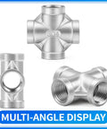 Multi-angle display of 304 Stainless Steel Pipe Fitting 4 Way Cross NPT Female Threads Three Eighths Inch for plumbing and hydraulics.