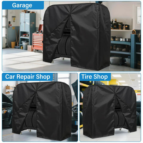 Ultimate Garage Game Changer Heavy Duty Tire Storage Rack with dust cover in a garage, holding four tires securely.