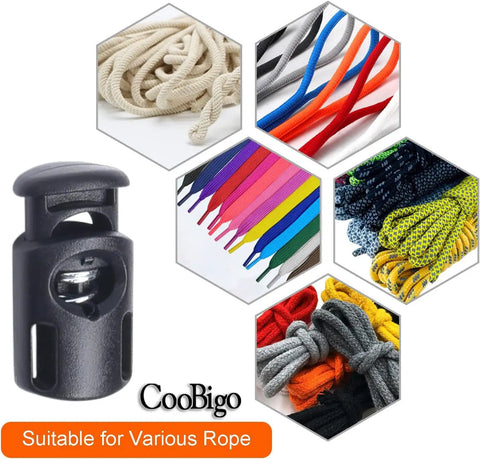 20 Pack Plastic Spring Cord Locks Toggle Stoppers For Paracord Drawstrings And Elastic Laces in black POM plastic with various ropes