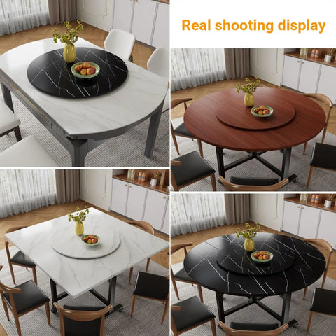 Premium Solid Wood Lazy Susan Turntable 90Cm Smooth Swivel Rotating Serving Tray For Kitchen And Dining Table displayed on various tables.
