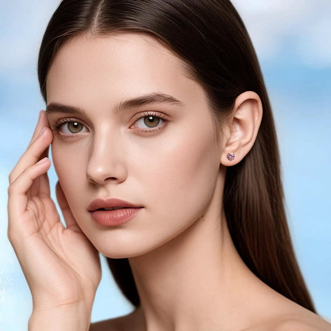 Close-up of model wearing Heart Birthstone Screw Back Earrings Made From Implant Grade Titanium With Super Snug Fit And Truly Hypoallergenic Nickel Free Metals For Daily Grind Featuring Five mm Gem Hearts That Look Straight Up Stunning.