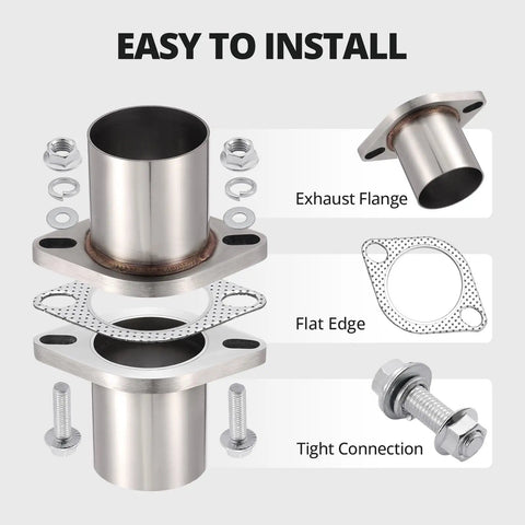 Universal 2 Bolt Exhaust Flange Repair Piping Kit With Premium 304 Stainless Steel Gasket Set Quick Fix For Dang Fast Pipe Seals Hella Sturdy 2.5 Inch OD components displayed for installation.