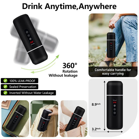 On The Go 12V/24V Car Travel Kettle with 420ml Capacity, Magnetic Stirring, shown in various views and usage scenarios.