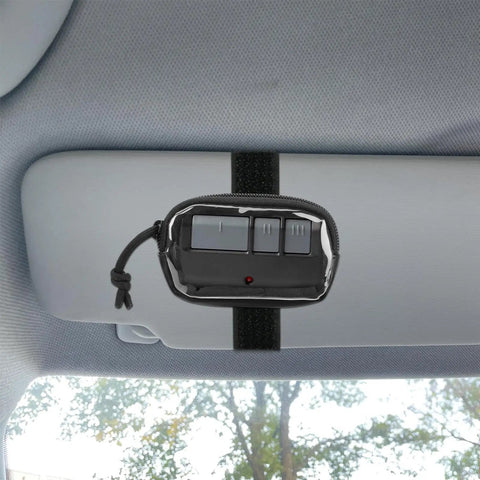 Universal Garage Door Clicker Holder For Car Visor, Adjustable Remote Carrying Case, black, mounted on a car sun visor