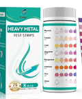 Straight To The Point Heavy Metal Water Test Strips For Kitchen Faucet And Well Checks Plus Nickel Lead Copper Arsenic Detection Kit including detailed color chart and packaging.