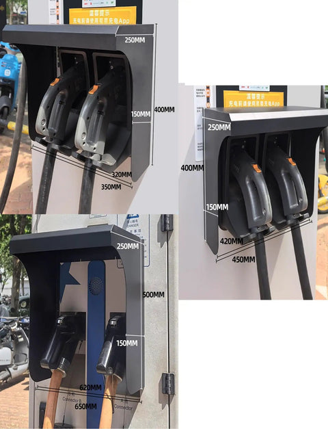 Heavy Duty EV Charger Cover That Shuts Out Any Weather Wall Mount Charging Station Shield with dual connectors and dimensions visible.