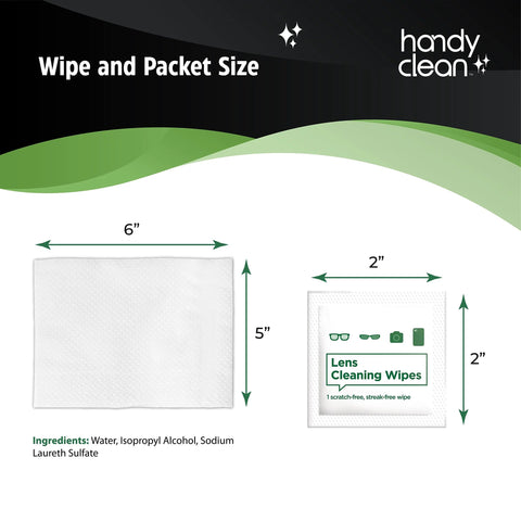 HandyClean lens cleaning wipes, 200 ct, 6x5 in white premoistened wipe and 2x2 in sealed wipe packet
