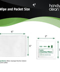 Front view of HandyClean pre-moistened lens cleaning wipes; large 6 by 5 in wipe and 2 by 2 in individual packet
