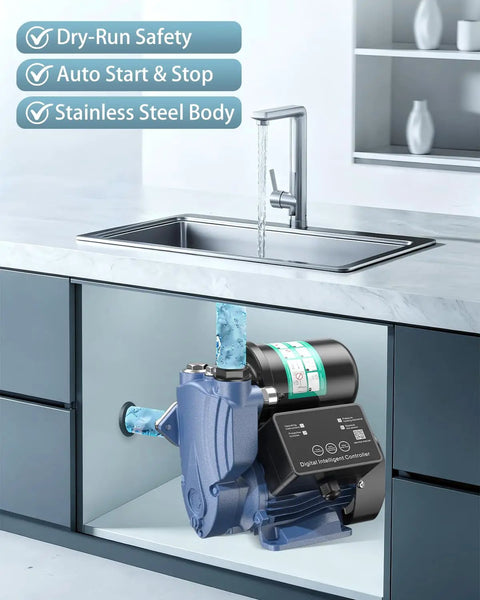 1.5HP Water Pressure Booster Pump With Digital Pressure Display 110V Stainless Steel Auto Start Stop System installed under sink