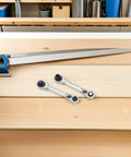 Heavy Duty Mini Ratchet Wrench 2 Pc Double Ended Socket Set Featuring A Smooth 72 Tooth Quick Release Drive on wooden worktable.