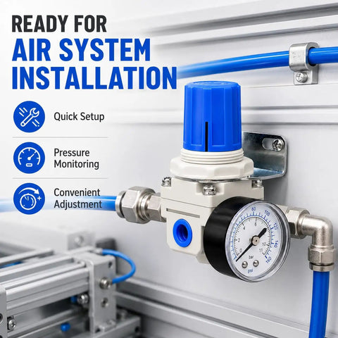 Adjustable Air Pressure Regulator For Compressors With Gauge From Zero To One Hundred Sixty PSI installed on air system