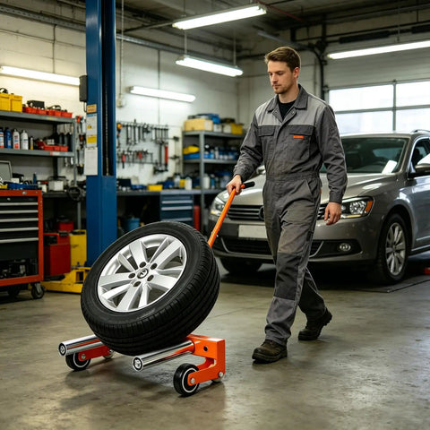 Heavy Duty Adjustable Two Wheel Tire Dolly With 660 Lb Capacity Built Solid Steel Frame rolling a tire in a busy garage.