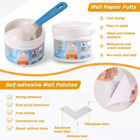 Drywall Repair Kit With 12 Oz White Putty Filler And Spatula For Patching Holes And Cracks An Easy Foolproof Fix Perfect For Your Walls No Drama Cleanup Fast Dry Formula with putty and spatula.