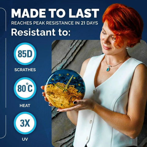 Woman holding Deep Pour Epoxy Resin Kit 51 Oz for 2 inch pours, showcasing UV and heat resistance features on packaging.