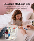 Heavy Duty Code Lock Medicine Box And Childproof Pill Organizer with open lid, showing pills inside, ensuring safety for kids.