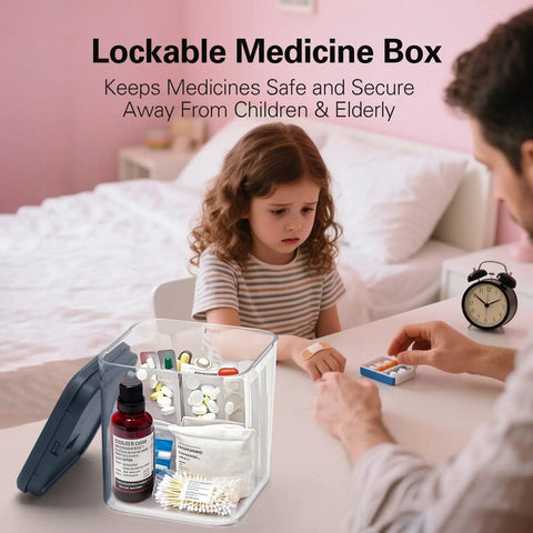 Heavy Duty Code Lock Medicine Box And Childproof Pill Organizer with open lid, showing pills inside, ensuring safety for kids.