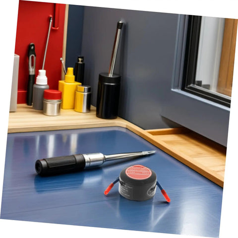 Automatic Aerosol Fire Extinguisher Patch Offering A No Sweat Setup For Quick Flare Zapping On Car Dashboards Wall Outlets And Power Strips A Slick Round Safety Tab That Nests Right Into Tight Squeezes on a workbench with tools.