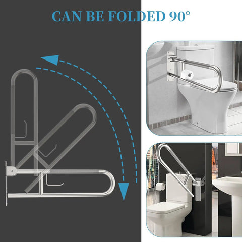 Rock Solid Toilet Grab Bar With Paper Holder Flip Up Bathroom Safety Rail Hella Secure Stainless Steel Anti Slip Support Handle from different angles.