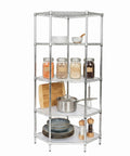 Solid Five Tier Corner Shelf With Sleek Chrome Finish And Fully Adjustable Heights featuring jars and dishes in a compact kitchen display.