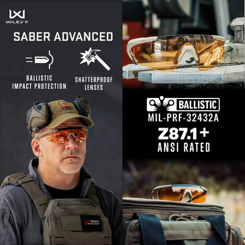 Badass Tactical Shooting Safety Glasses With Interchangeable Lenses on a man's face with matte black frame and shatterproof lenses.