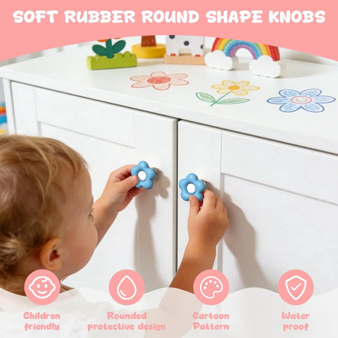 Child using Totally Adorable Goofy Cartoon Drawer Knobs For Kids Room 6 Pack Ultra Soft Rubber Pull Handles on white dresser.