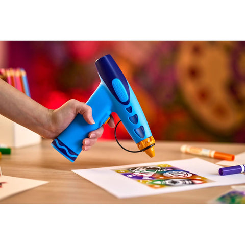 Rad Battery Powered Airbrush Marker Spray Craft Kit Smooth Glide Washable Ink Pens Plus Five Reusable Design Stencils Vibes hand holding blue airbrush on art