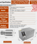 Product specifications for 5-Type Full Stainless Steel Intelligent Stir-Fry Machine with dimensions and features.