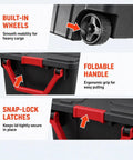 Two Pack 160 Quart Black Stackable Rolling Storage Bins with Heavy Duty Red Latches features built-in wheels, foldable handles, and snap-lock latches.