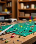 Soldering iron kit on workbench; adjustable heater components, green cutting mat, and assorted tiny electronic parts.