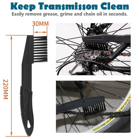 Close-up of All In One Bike Chain Cleaner Kit With Four Pieces Pro Gear Cleaning Brushes on bike chain and sprocket