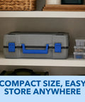 Badass Portable 12V Cordless Circular Saw Station Features Smooth Miter Bevel And Straight Rip Cutting Guide on storage shelf.