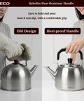Comparison of old and new designs of Stainless Steel Whistling Tea Kettle For Gas And Induction Stovetops, 304 Food Grade, Large 4L Capacity