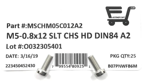 Top Shelf M5 X 12 Stainless Steel Slotted Cheese Head Machine Screw Din 84 A2 70 Grade on packaging with labeling.