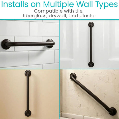 Solid as a Rock Shower Grab Bar Heavy Duty Bathroom Handrail with Zero Slip Grip installed on tile and plaster walls.