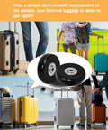 Collage showing replacement luggage wheel set, two wheels close-up, various suitcases with installed wheels, outdoor travel scene.