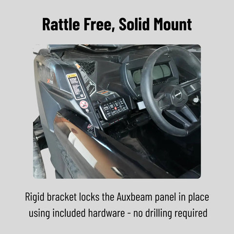 No Drill Dash Mount For 8 Gang Switch Panel installed in Can Am Maverick X3 cockpit showing secure backplate without drilling required.