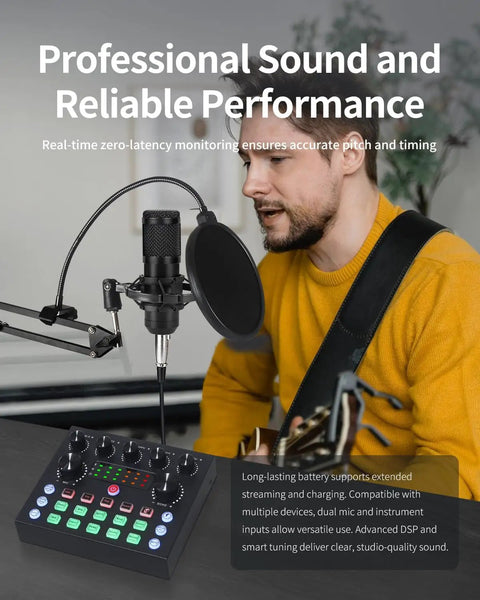 Straight Fire Podcast And Live Streaming Bundle Featuring A Premium Condenser Microphone and Bluetooth DSP sound card in use