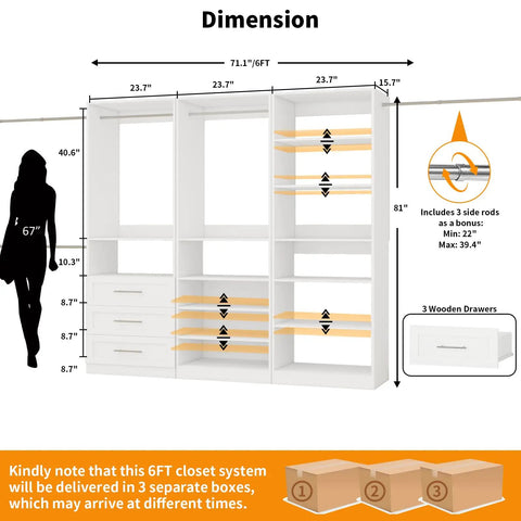 Heavy Duty Top Shelf Modular Closet Organizer System With Three Roomy Drawers And Eleven Big Shelves Plus Five Reliable Hanging Rods For Walk In Wardrobe Upgrades In Clean White dimensions illustration with measurements.