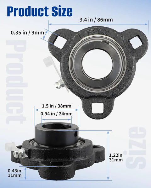Two Heavy Duty Three Bolt Flange Mount Bearing Units With Sa205 16 Insert And Trd205 Cast Iron Housing Featuring One Inch Bore and solid grip eccentric collar sizing diagram.