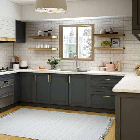 Brushed Brass Square Cabinet Handles With 6 1 4 Inch Center To Center Spacing Heavy Duty Kitchen Drawer Pulls And Vanity Hardware on dark cabinets in a modern kitchen.