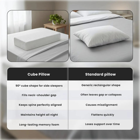 Premium Memory Foam Cube Pillow Made Straight For Real Side Sleepers Measuring 24 By 12 By 5 Inches shown on a bed with a contrasting standard pillow.