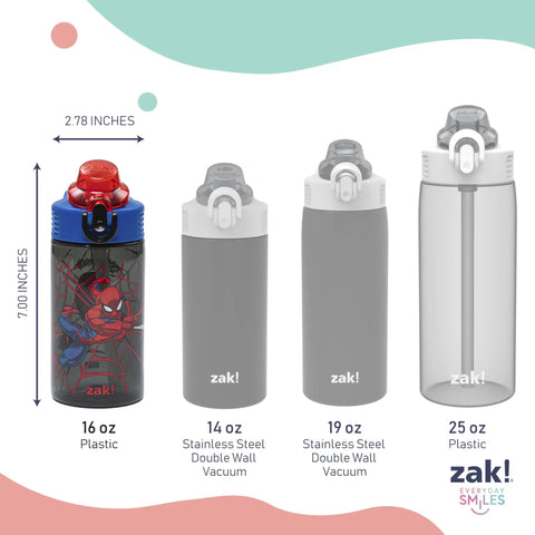 Marvel Spider Man 16 Oz Kids Water Bottle With A Kid Approved Leak Proof Straw And Super Tough Break Resistant Plastic on display.