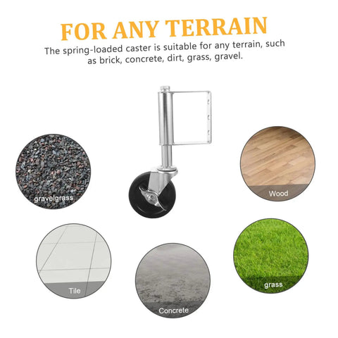 Rock Solid Spring Loaded Gate Wheel Heavy Duty 75kg Black Steel Caster on various terrains like gravel, concrete, and grass.