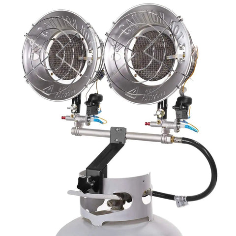 Portable 30,000 BTU Propane Tank Top Heater with infrared dual burners, safety shut-off valve, and tip-over switch shown on tank.