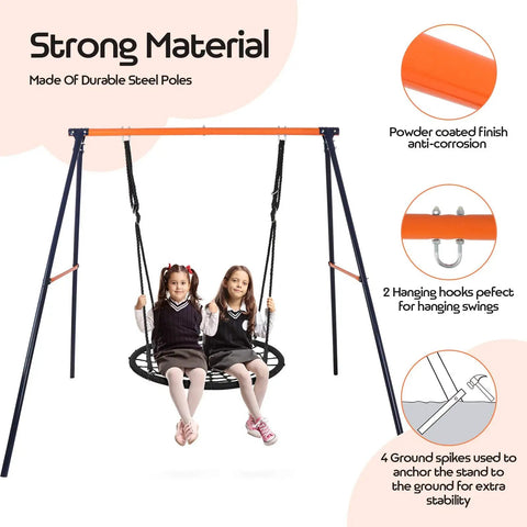 Built Tough Heavy Duty A Frame Swing Stand For Your Backyard With 440 Lbs Weight Capacity Durable Powder Coated Steel Frame Great For Hammock Chairs And Swing Sets with two girls sitting on swing, showing steel poles and hooks