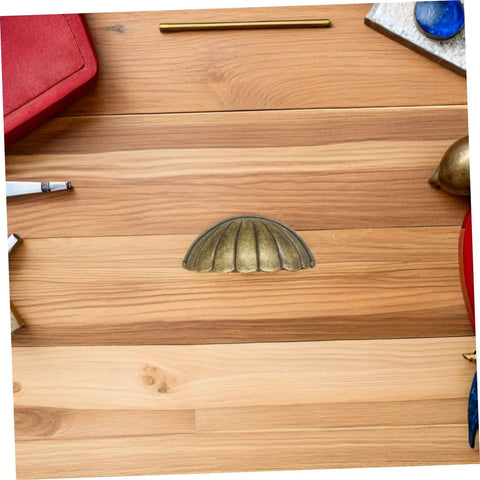 Vintage Shell Cabinet Pulls 4 Pack Antique Bronze Finish Straight Up Heavy Duty Cup Handles For Kitchen Drawers Bedroom Wardrobes Easy Grip Furniture Hardware on wood surface.