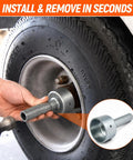 Top Tier Trailer Dust Cap Installation And Removal Tool For 2.72 Inch Axle Grease Cover Puller shown in use on a tire rim.
